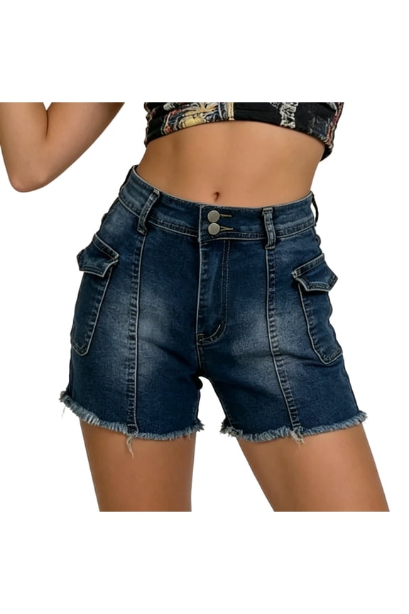 Denim Shorts for Women High Adjustable Waist Button Front Jean Shorts Y2K Summer Fashion Ripped Cut-Off Shorts Blue M
