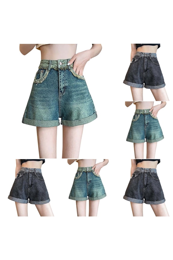 Denim Shorts for Women High Waist Shorts with Pockets Vintage Loose Fit Rolled Hem Jean Shorts Casual Summer Streetwear Bottoms Gray M