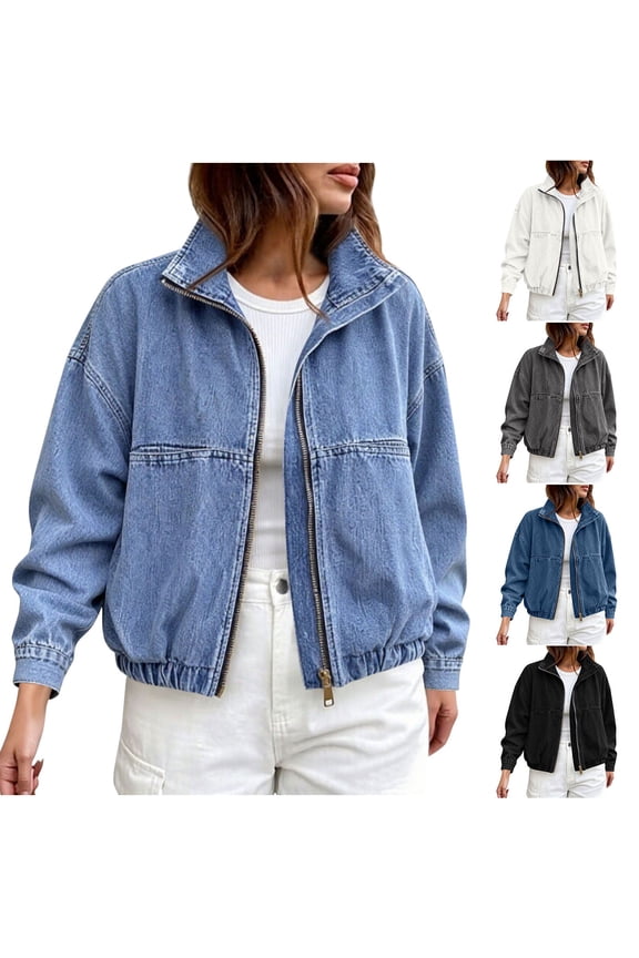 Denim Zip Up Jackets for Women Stand Collar Casual Y2K Street Outerwear Top Midweight Autumn Jean Bomber Jackets Blue XXL