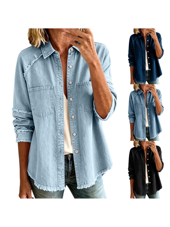 Distressed Denim Jacket for Women Long Sleeve Collared Button down Jean Jackets with Chest Pocket Ripped Hem Hippie Western Cowboy Coats Black S