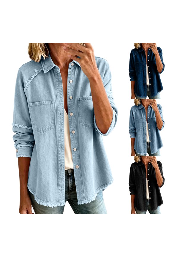 Distressed Denim Jacket for Women Long Sleeve Collared Button down Jean Jackets with Chest Pocket Ripped Hem Hippie Western Cowboy Coats Black XXL