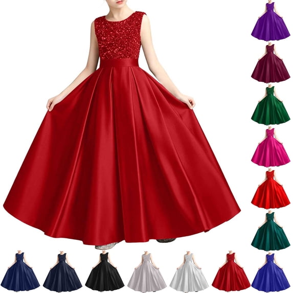 AHTJRT Dresses for Girls Sequin Glitter Satin Silk Sleeveless A-Line Formal Dress Birthday Party Wedding Gowns Princess Dress Dark Blue 12-13 Years