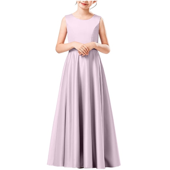 AHTJRT Dresses for Girls Soft Satin Flowy Bridesmaid Dress Foot Length Wedding Party Wedding Pageant Guest Fancy Long Maxi Dress Purple 3-4 Years