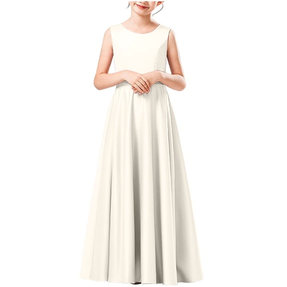 AHTJRT Dresses for Girls Soft Satin Flowy Bridesmaid Dress Foot Length Wedding Party Wedding Pageant Guest Fancy Long Maxi Dress White 8-9 Years