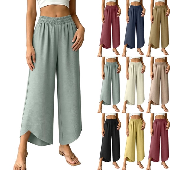 AHTJRT Elastic Wais Pants for Women Loose Wide Leg Curved Hem Casual Trousers with Pokcets Ultra-Thin Cooling Soft Comfy Summer Pants Brown XXL