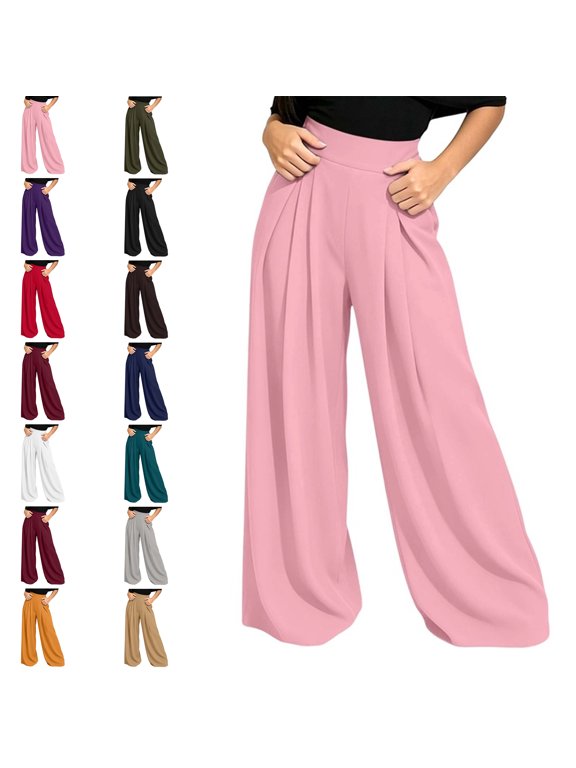 Fall High Waisted Business Casual Palazzo Pants for Women Dressy Button Down Wide Leg Trousers Pockets Front Pleated Loose Work Office Suit Pant