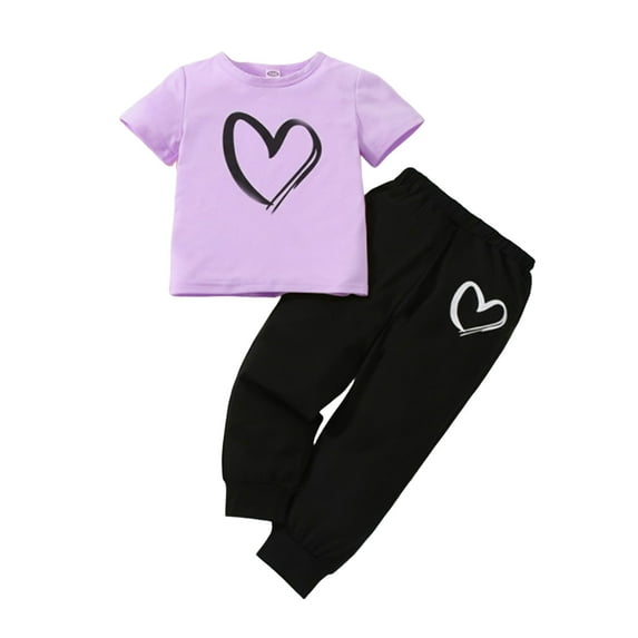 AHTJRT Fall Spring Outits for Kids Love Heart Pattern Printed Shirt Pants Set 2 Piece Fashion Valentine's Day Outfits Purple 7-8 Years
