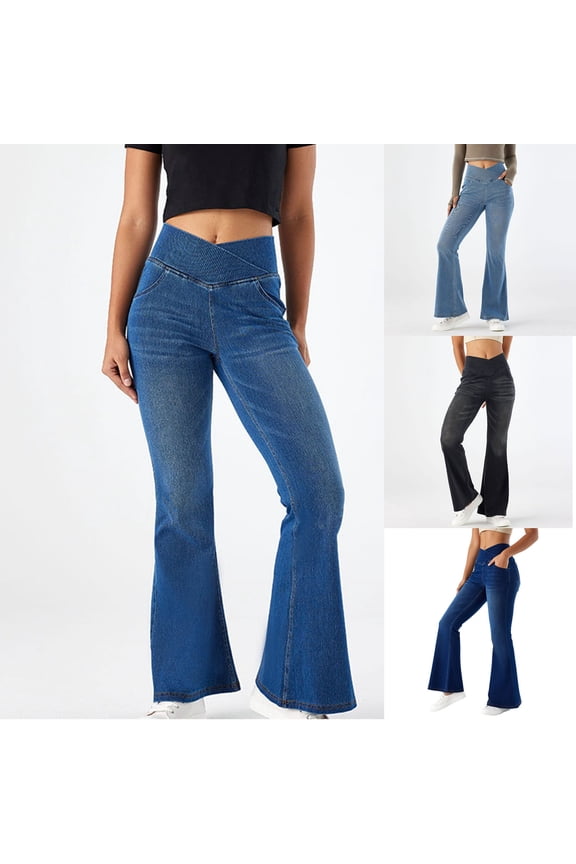 Flared Jeans for Women High Waisted Stretchy Denim Pants Pull-On Crossover Wide Leg Pants Bell Bottom with Pockets Black M