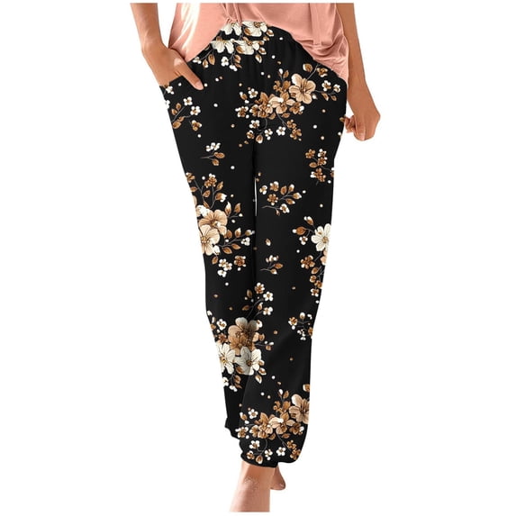 AHTJRT Floral Pants for Women Elastic Waist Staight Leg Joggers with Pockets Lightweigth Breathable Spring Summer Loungewear Trousers Brown#01 S