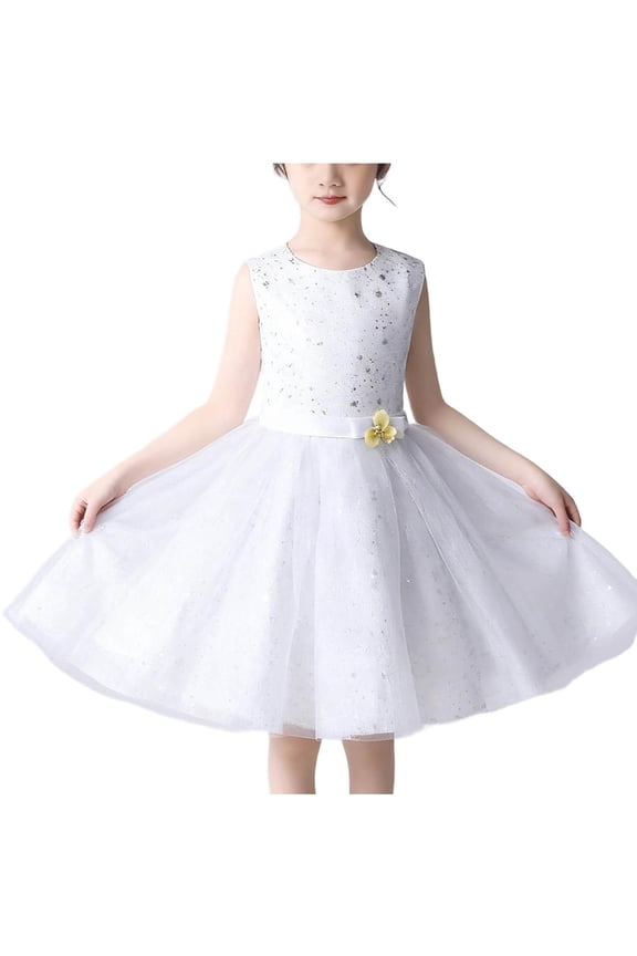 Flower Girl Dresses Sleeveless Sequin Sparkly Tulle Dress Wedding Pageant Princess Birthday Fancy Tween Girl Dresses White 12-13 Years
