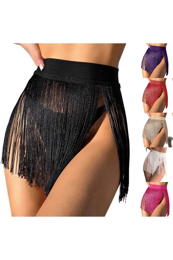 Fringe Tassel Mini Skirts for Women Rave Costume Belly Dance Cover Up Skirt High Waisted Summer Beach Pool Party Swimsuit Bottoms Hot Pink S