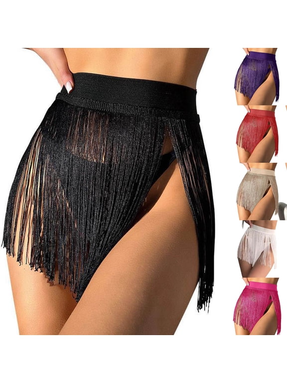 Fringe Tassel Mini Skirts for Women Rave Costume Belly Dance Cover Up Skirt High Waisted Summer Beach Pool Party Swimsuit Bottoms Silver S
