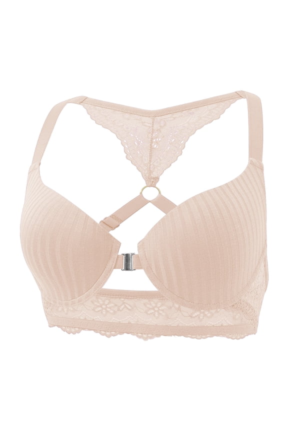 Front Closure Bralettes for Women Convenient Ribbed Knit Bra with Buckles Strappy Criss Cross Racerbacks Bras Beige XXL