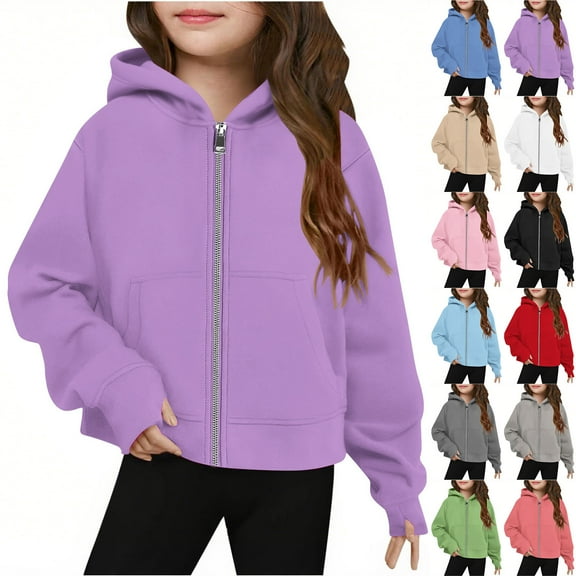 AHTJRT Full Zip Hoodie for Girls Solid Color Long Sleeve Outerwear Coats with Pockets Casual Loose Warm Fall Winter Spring Jackets Red 9-10 Years