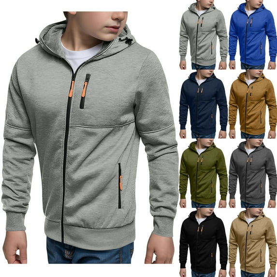 AHTJRT Full Zip Sweatshirt for Boys Long Sleeve Solid Color Drawstrings Hoodies with Pockets Lightweight Fall Spring Athletic Outerwear Brown 9-10 Years