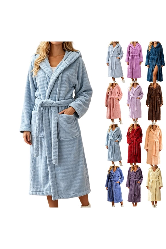 Fuzzy Soft Robes for Women Absorbent Long Belted Hooded Robe Fluffy Warm Fleece House Coats with Pockets Red Free Size