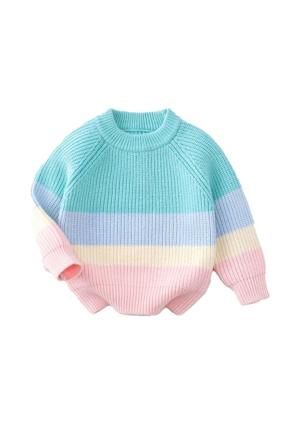 Girl's Colorblock Sweaters Fashion Warm Midweight Cable Knit Pullover Fall Winter Casual Lounge Outdoor Crewneck Tops Sky Blue 0-1 Years