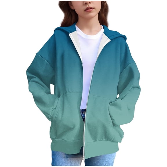 AHTJRT Girl's Jacket Gradient Color Long Sleeve Outerwear with Pockets Full Zip Hooded Coats Fall Winter Thermal Windproof Coats Blue 10-11 Years
