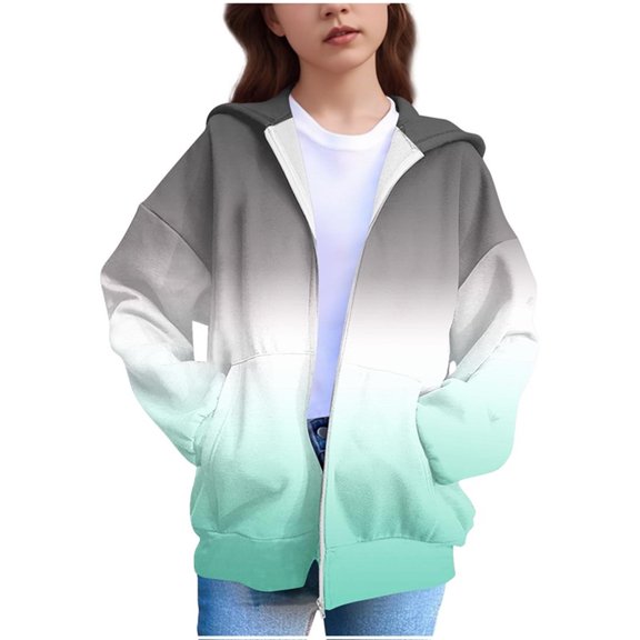 AHTJRT Girl's Jacket Gradient Color Long Sleeve Outerwear with Pockets Full Zip Hooded Coats Fall Winter Thermal Windproof Coats Green 4-5 Years