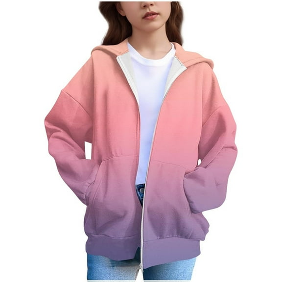 AHTJRT Girl's Jacket Gradient Color Long Sleeve Outerwear with Pockets Full Zip Hooded Coats Fall Winter Thermal Windproof Coats Hot Pink 4-5 Years