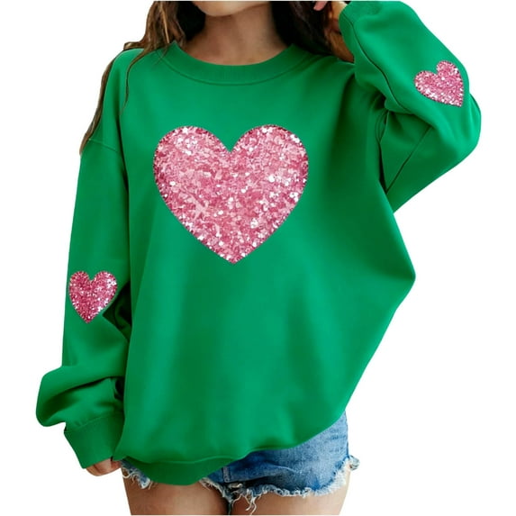 AHTJRT Girl's Love Heart T-Shirt Loose Fit Crewneck Sweashirt Graphic Print Tee Tops Valentine's Day Tops Happy Family Festival Gifts Green 6-7 Years