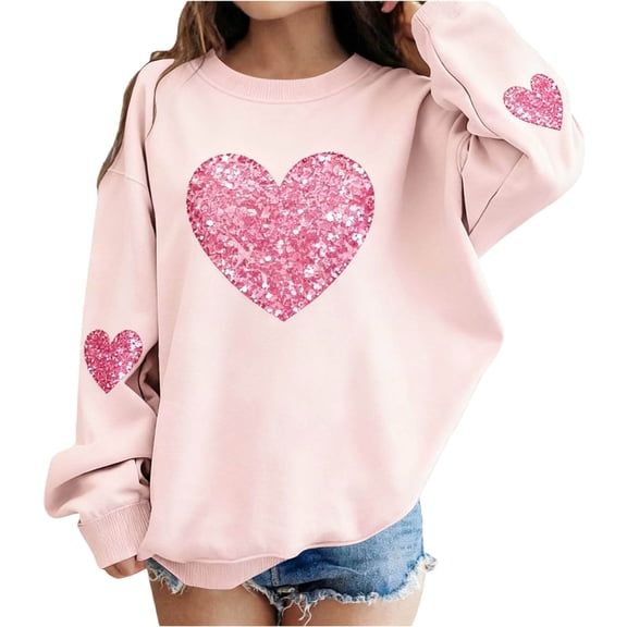 AHTJRT Girl's Love Heart T-Shirt Loose Fit Crewneck Sweashirt Graphic Print Tee Tops Valentine's Day Tops Happy Family Festival Gifts Pink 2-3 Years