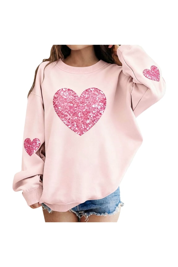 Girl's Love Heart T-Shirt Loose Fit Crewneck Sweashirt Graphic Print Tee Tops Valentine's Day Tops Happy Family Festival Gifts Pink 5-6 Years