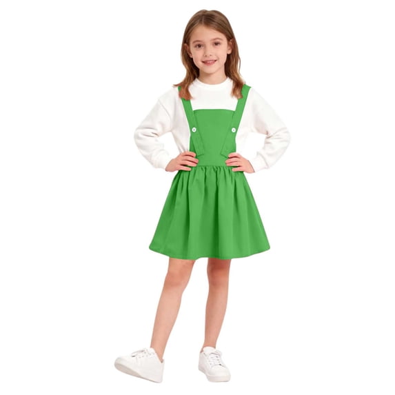 AHTJRT Girl's Overall Dress Solid Color Knee Length Jumper Dress Adjustable Strap Suspender Fall Spring Dress Set Green 7-8 Years