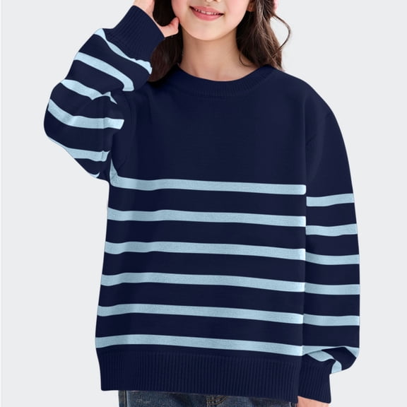 AHTJRT Girls Oversized Striped Sweater Kids Children Fall Winter Fashion Crewneck Pullover Thermal Soft Knitted Basic Top Navy 13-14 Years
