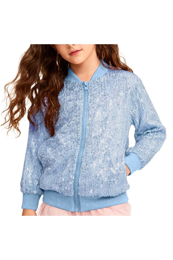 Girl's Sequin Bomber Jacket Full Zip Shiny Sparkle Jackets with Pockets Glitter Zip-Up Long Sleeve Coats Dance Party Pageant Light Blue 7-8 Years