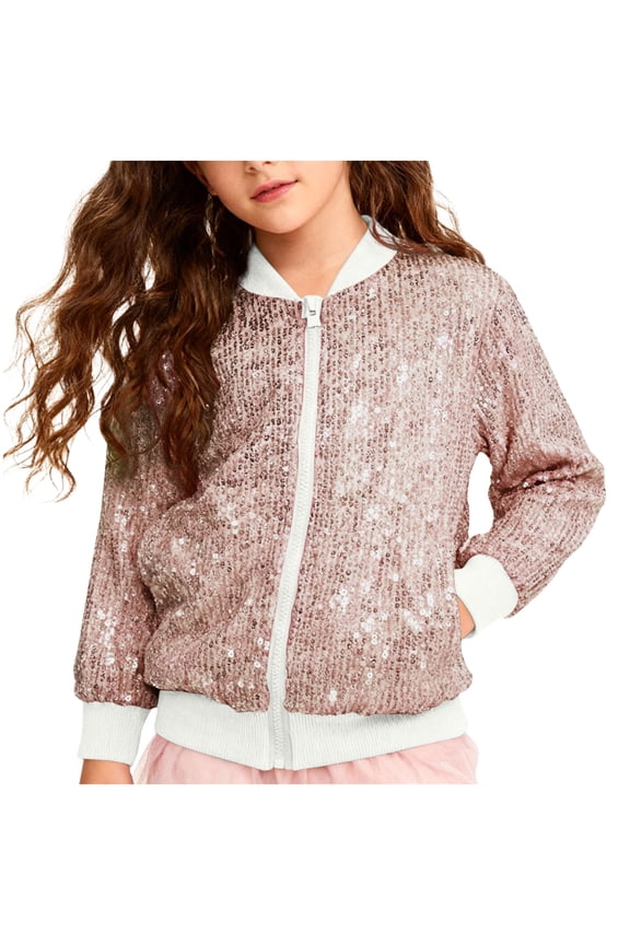 Girl's Sequin Bomber Jacket Full Zip Shiny Sparkle Jackets with Pockets Glitter Zip-Up Long Sleeve Coats Dance Party Pageant Beige 2-3 Years