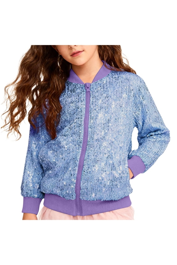 Girl's Sequin Bomber Jacket Full Zip Shiny Sparkle Jackets with Pockets Glitter Zip-Up Long Sleeve Coats Dance Party Pageant Purple 2-3 Years