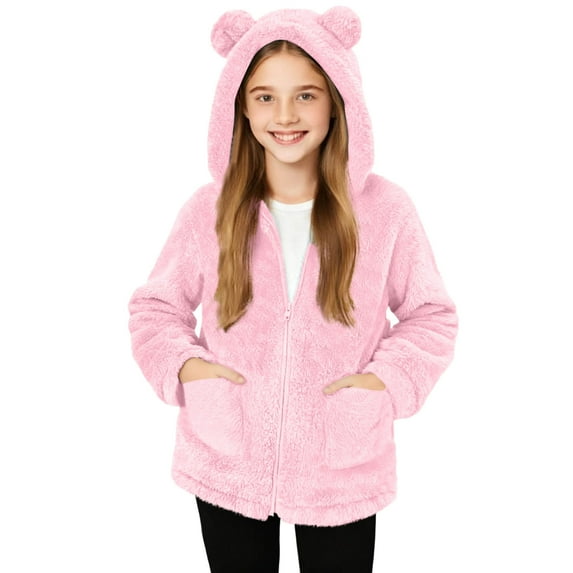 AHTJRT Girls Sherpa Lined Jackets Hooded Zip-Up Jacket with Cute Fuzzy Ears Hat Pockets Fall Winter Warm Fleece Outerwear Pink 10-11 Years