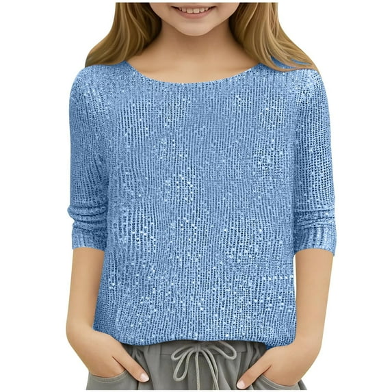 AHTJRT Girls Sparkle Sequins Shirt Crewneck Long Sleeves Tops Glitter Dance Ballet Tshirt Casual Lightweight Underwear Blouse Blue 12-13 Years