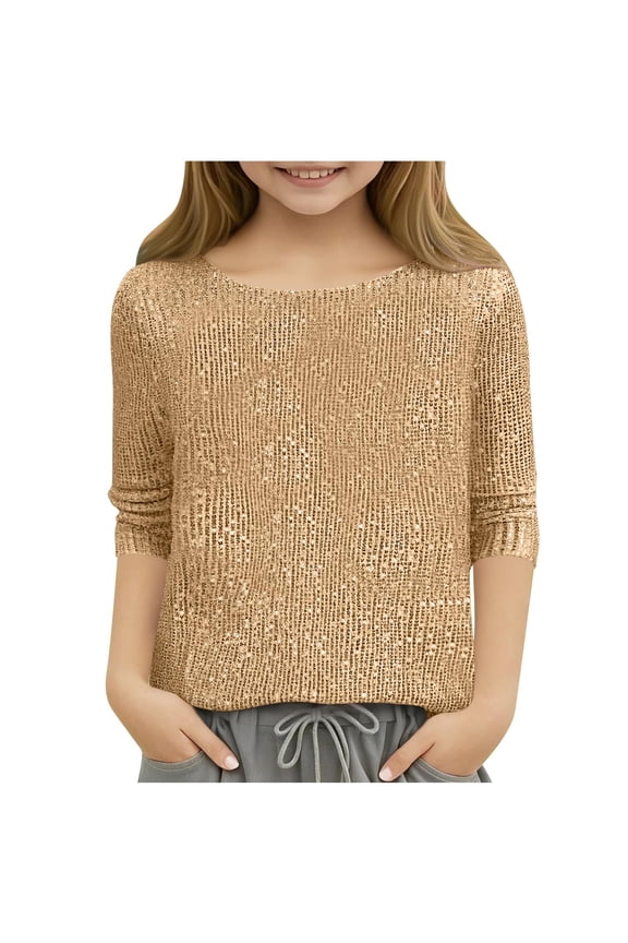 Girls Sparkle Sequins Shirt Crewneck Long Sleeves Tops Glitter Dance Ballet Tshirt Casual Lightweight Underwear Blouse Gold 11-12 Years