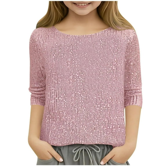 AHTJRT Girls Sparkle Sequins Shirt Crewneck Long Sleeves Tops Glitter Dance Ballet Tshirt Casual Lightweight Underwear Blouse Pink 5-6 Years
