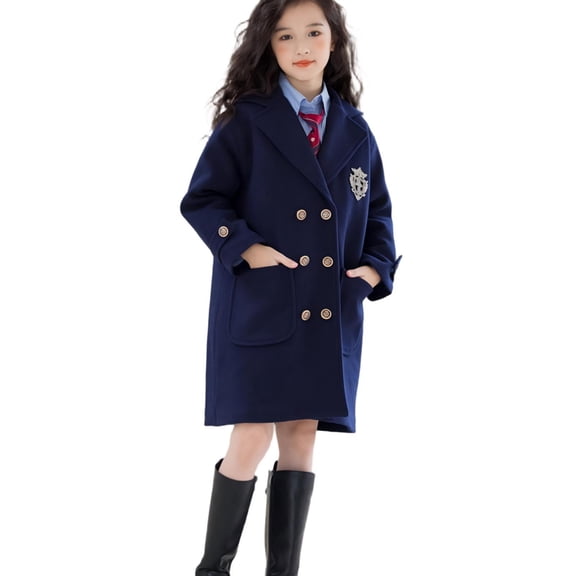 AHTJRT Girl's Trench Coat Button Down Double-Breasted Overcoat with Pockets Notch Collar Long Length Blazer Fashion Winter Windproof Outerwear Navy 5-6 Years