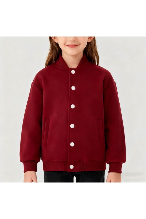 Girl's Varsity Jackets Solid Color Baseball Bomber Full Button Sweatshirt with Pockets Casual Active Schools Coat Wine 8-9 Years