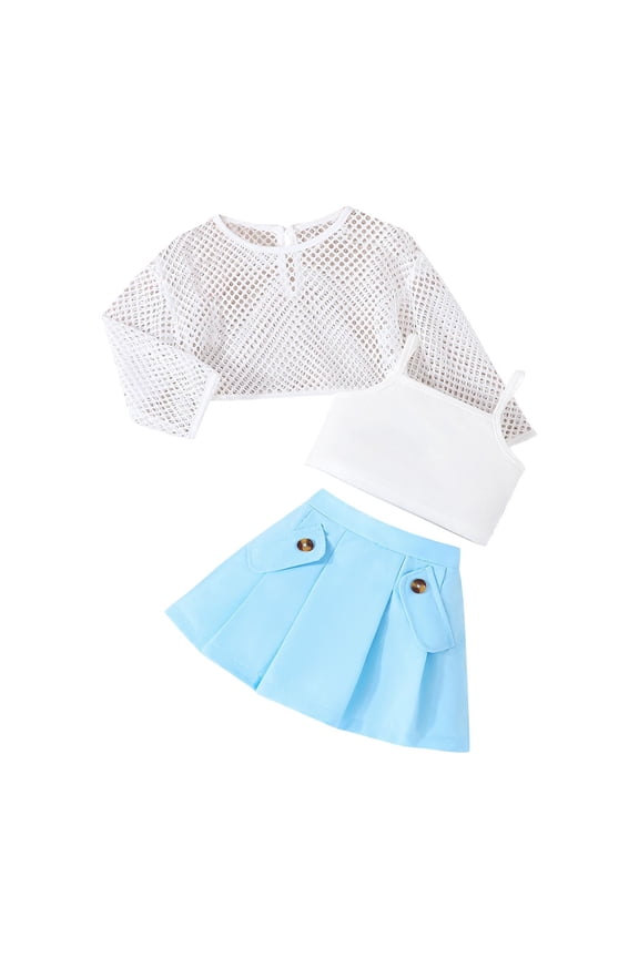 Girls 2 Pieces Outfit Cover up Crop Cami Top and Pleated Skirts Set Fashion Fall Spring Clothing Set Beach Travel Vacation Outfit Blue 3-4 Years