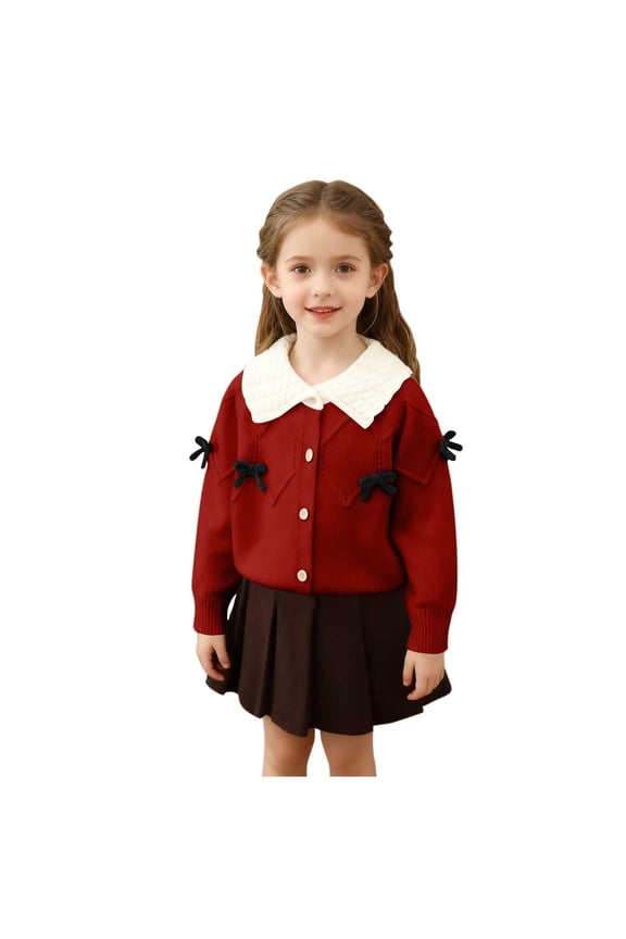 Girls 2 Pieces Sweater Skirts Set Cute Lapel Full Button Cardigans Pleated Skirts Outfits Fashion Fall Spring Lounge Outdoor Sets Red 2-3 Years