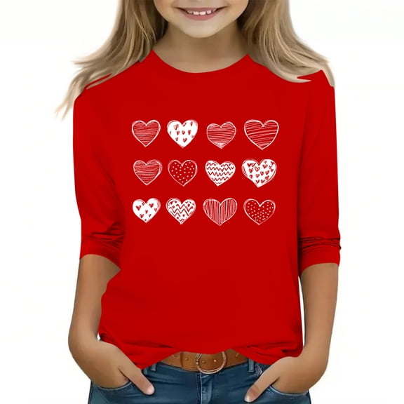 AHTJRT Girls Boys Valentine's Day Shirts Long Sleeve Love Heart Patterns Printed Tee Tops Funny Family Holiday Crewneck Blouse Red 12-13 Years