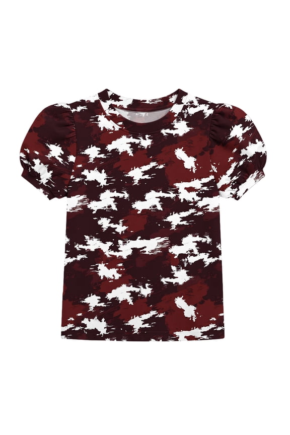 Girls Camo Shirts Crew Neck Short Puff Sleeve Tee Tops Fashion Printed Summer Casual Daily Streetwear T-Shirts for Camping Hiking Activities Red 4-5 Years