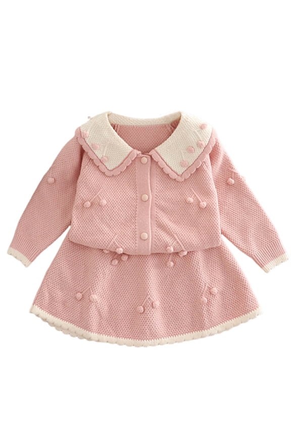 Girls Cardigan Skirt Sets Cable Knit Lapel Button Down Sweater and Skirt Set Fashion 2 Piece Winter Fall Spring Outfit Pink 1-2 Years