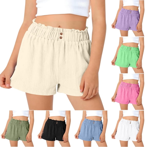 AHTJRT Girls Casual Shorts Flowy High Elastic Waist Summer Shorts Casual Textured Knit A-Line Comfy Loose Fit Shorts Green 9-10 Years