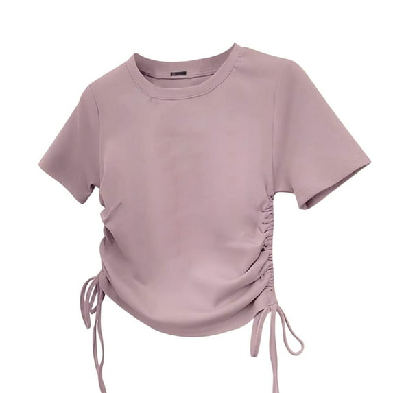 AHTJRT Girls Casual Tshirt Short Sleeve Drawstrings Side Ruched Stretchy Tops Lightweight Soft Round Neck Tees for Lounge Streetwear Pink 13 Years