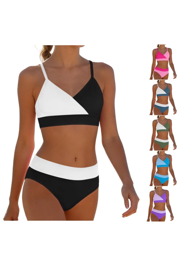 Girls Colorblock Bikini Sets Two Pieces Triangle Bathing Suits Slimming High Waisted Swimsuits Fashion Beach Surfing Swimwear Black 14-15 Years