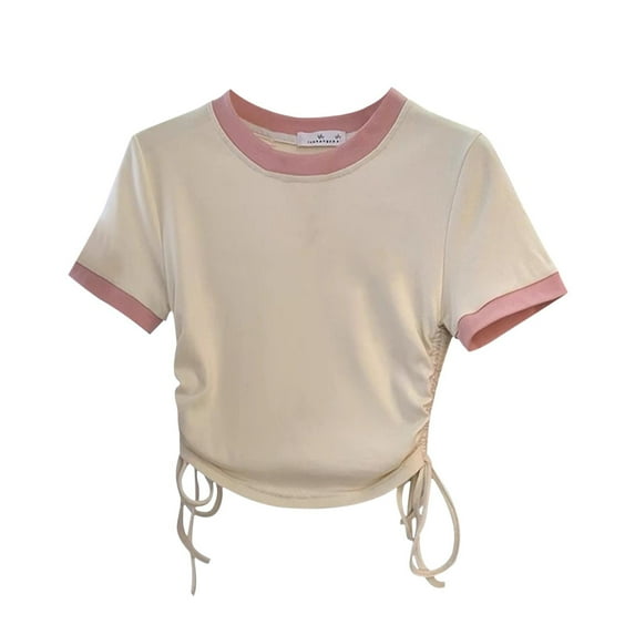 AHTJRT Girls Crop Tops Short Sleeve Round Neck Tshirt Drawstring Side Stretchy Slim Fit Tee Tops for Lounge Outdoor Activities Beige 10 Years