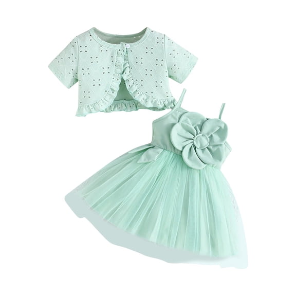 AHTJRT Girls Dress and Cardigan Sets Ruffle Hollowed Short Sleeve Tops and Dresses Outfit Fashion Fall Spring 2 Piece Streetwear Set Green#02 3-4 Years
