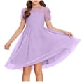 thumbnail image 1 of AHTJRT Girls Dress Crewneck Sheer Mesh Puffy Short Sleeve A-Line Casual Party Wedding Bridesmaid Dresses Purple#02 15-16 Years, 1 of 6