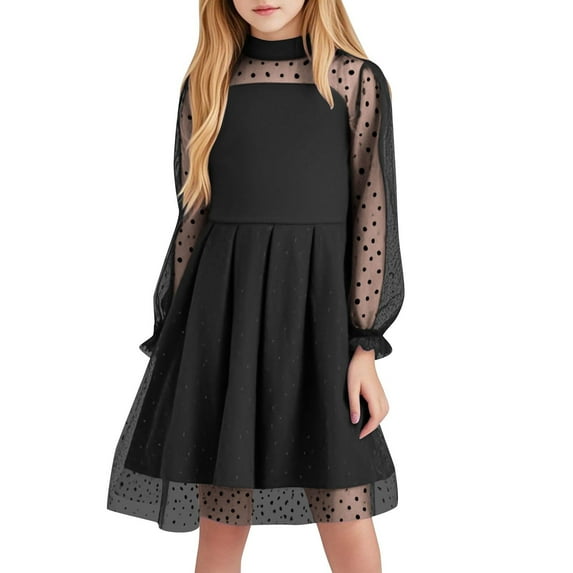 AHTJRT Girls Dresses Puff Long Sleeve Belted Dress Contrast Mesh A Line Maxi Dress Casual Formal Pageant Party Dresses Black 7 Years